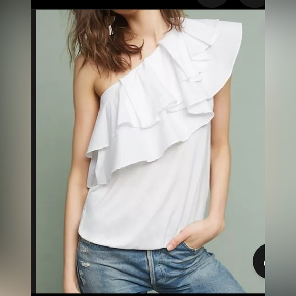 Lot 2 women’s blouses white cap sleeve & one shoulder tops ruffle layer dressy S - Picture 6 of 10